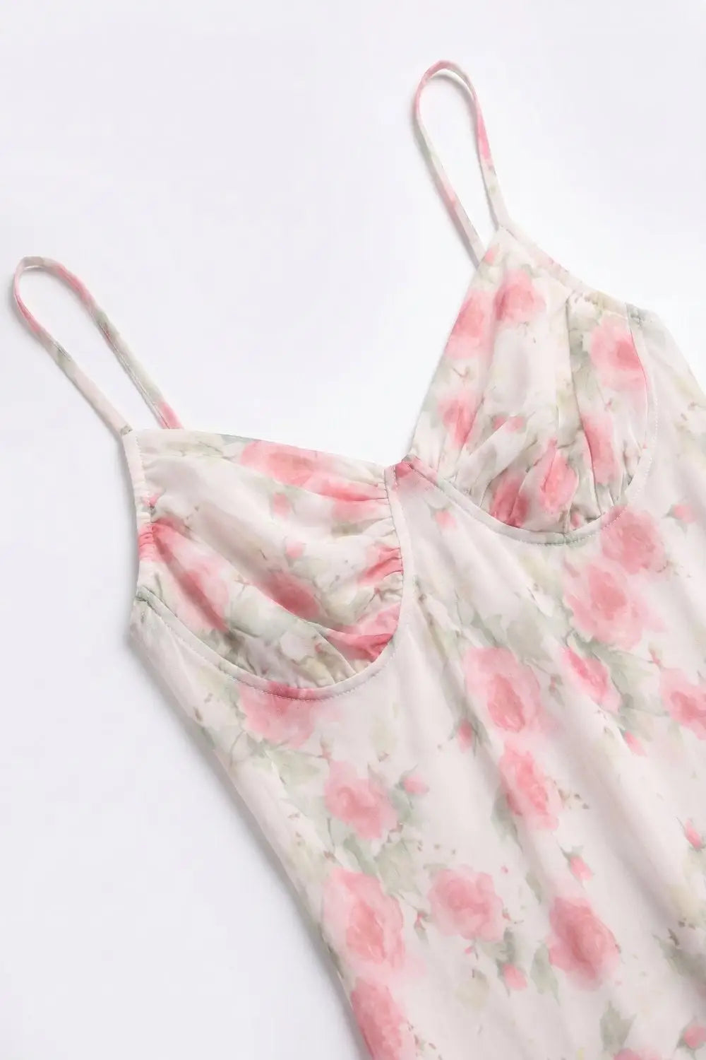 Cream Floral Print Ruched Bust Maxi Dress in mesh fabric - Dresses