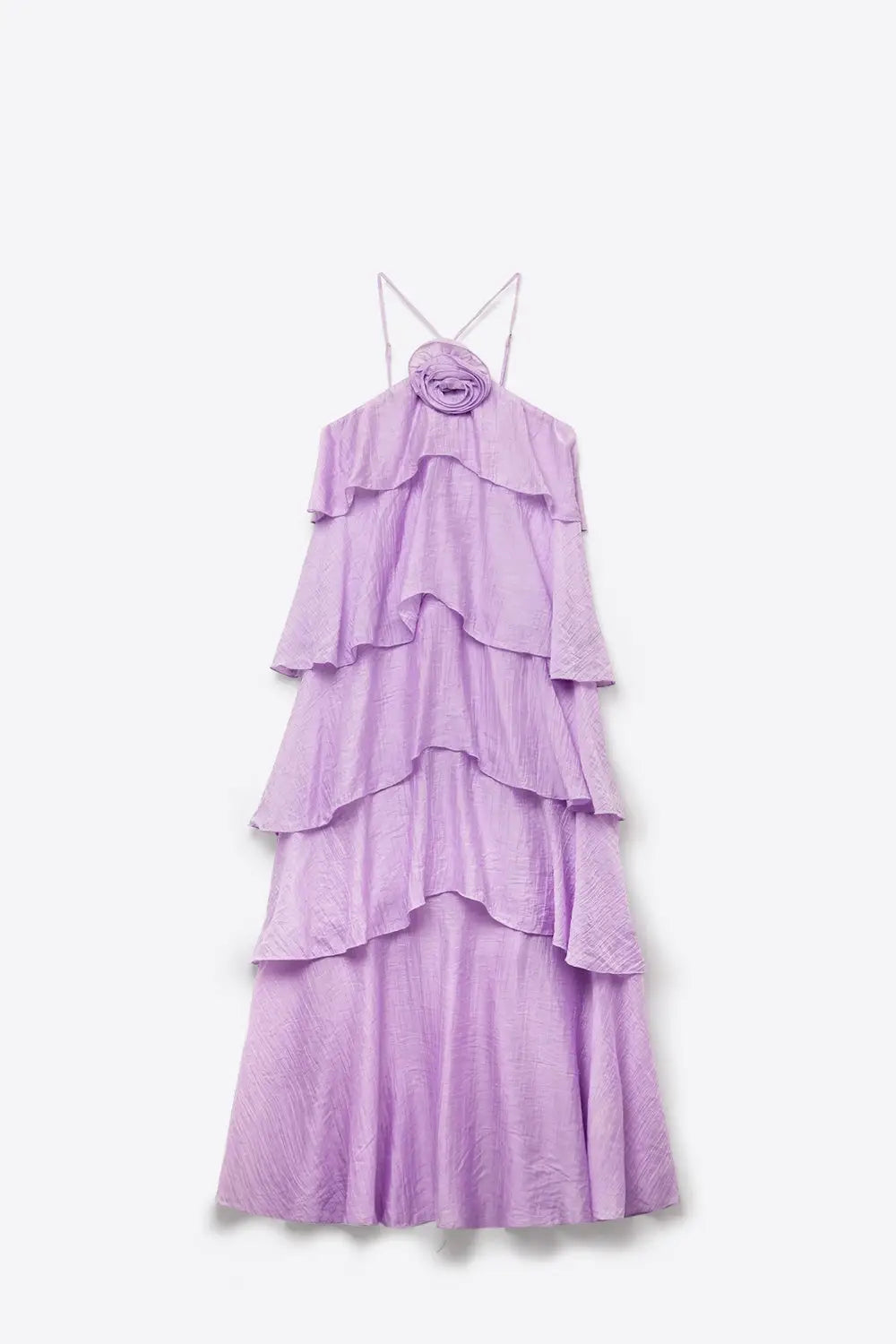 Lilac Crinkled Woven Tiered Ruffle Rose Detail maxi Dress - Dresses
