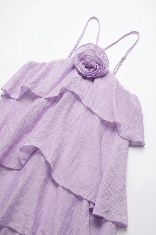 Lilac Crinkled Woven Tiered Ruffle Rose Detail maxi Dress - Dresses