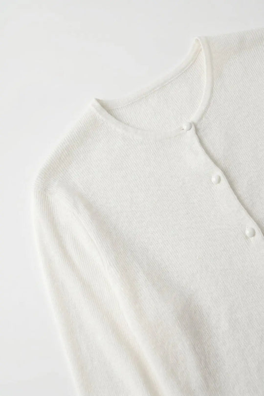 White soft Knit Crew Neck Cardigan with pearl buttons Front - CREAM / ONE - Cardigans