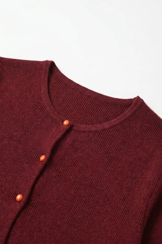 Burgundy Fine Knit Button Front Crew Neck Regular Fit Cardigan Sweater - MAROON / ONE - Cardigans