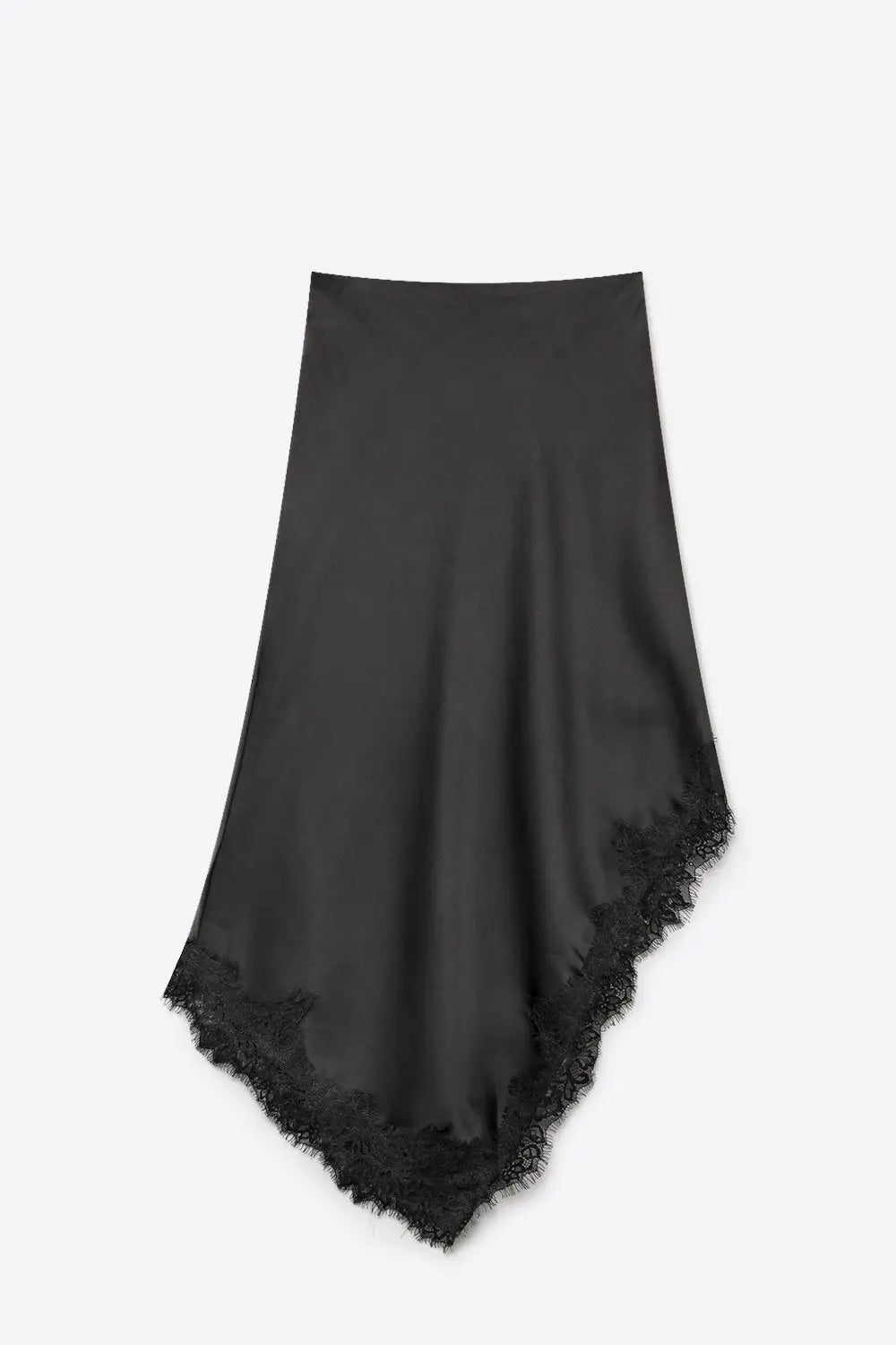Black Satin Lace Trim Asymmetrical Midi Skirt - Skirts