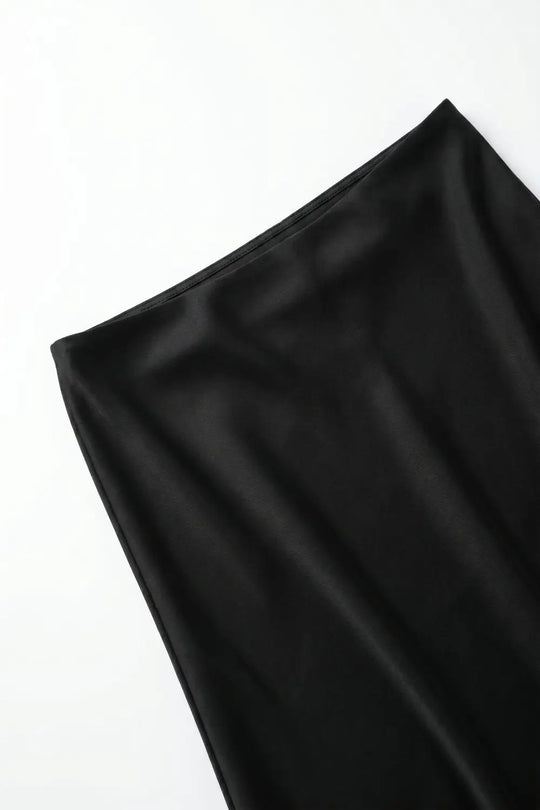 Black Satin Lace Trim Asymmetrical Midi Skirt - Skirts