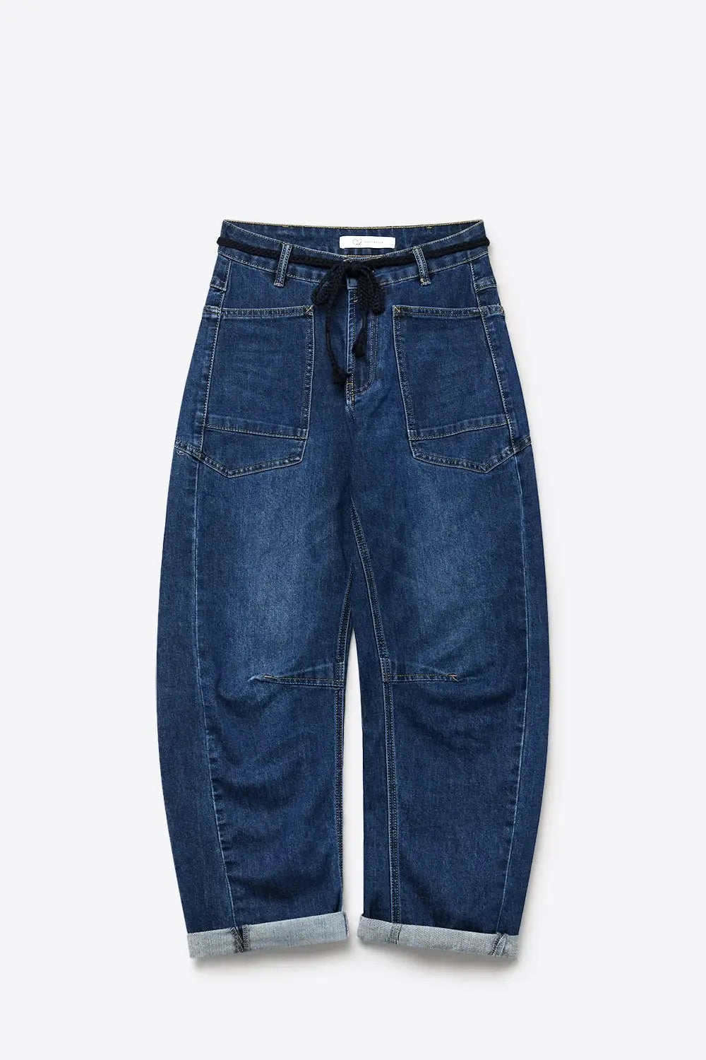 Dark wash Drawstring Waist jeans with Rolled Cuff and Wide Leg