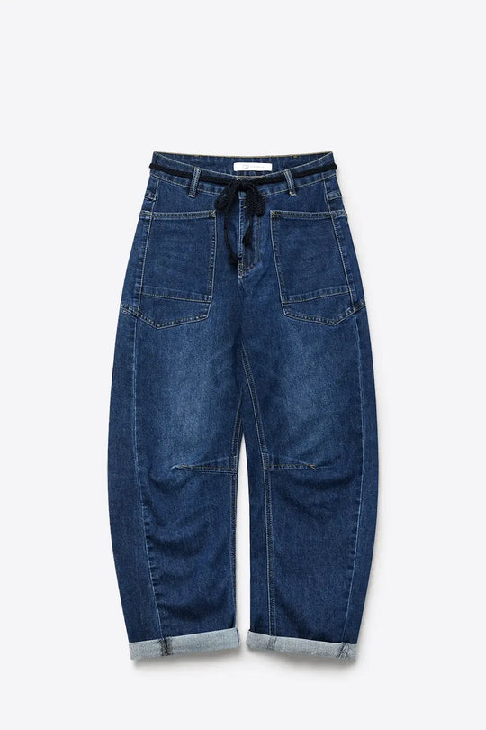Dark wash Drawstring Waist jeans with Rolled Cuff and Wide Leg