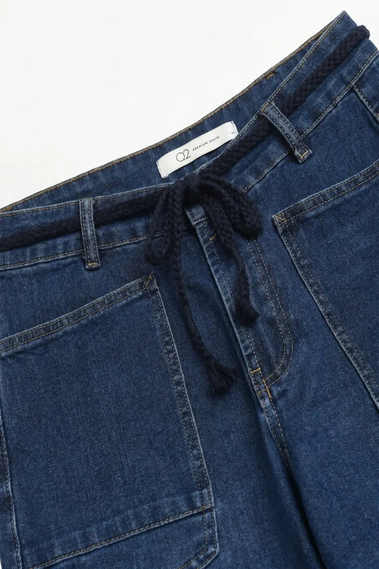 Dark wash Drawstring Waist jeans with Rolled Cuff and Wide Leg
