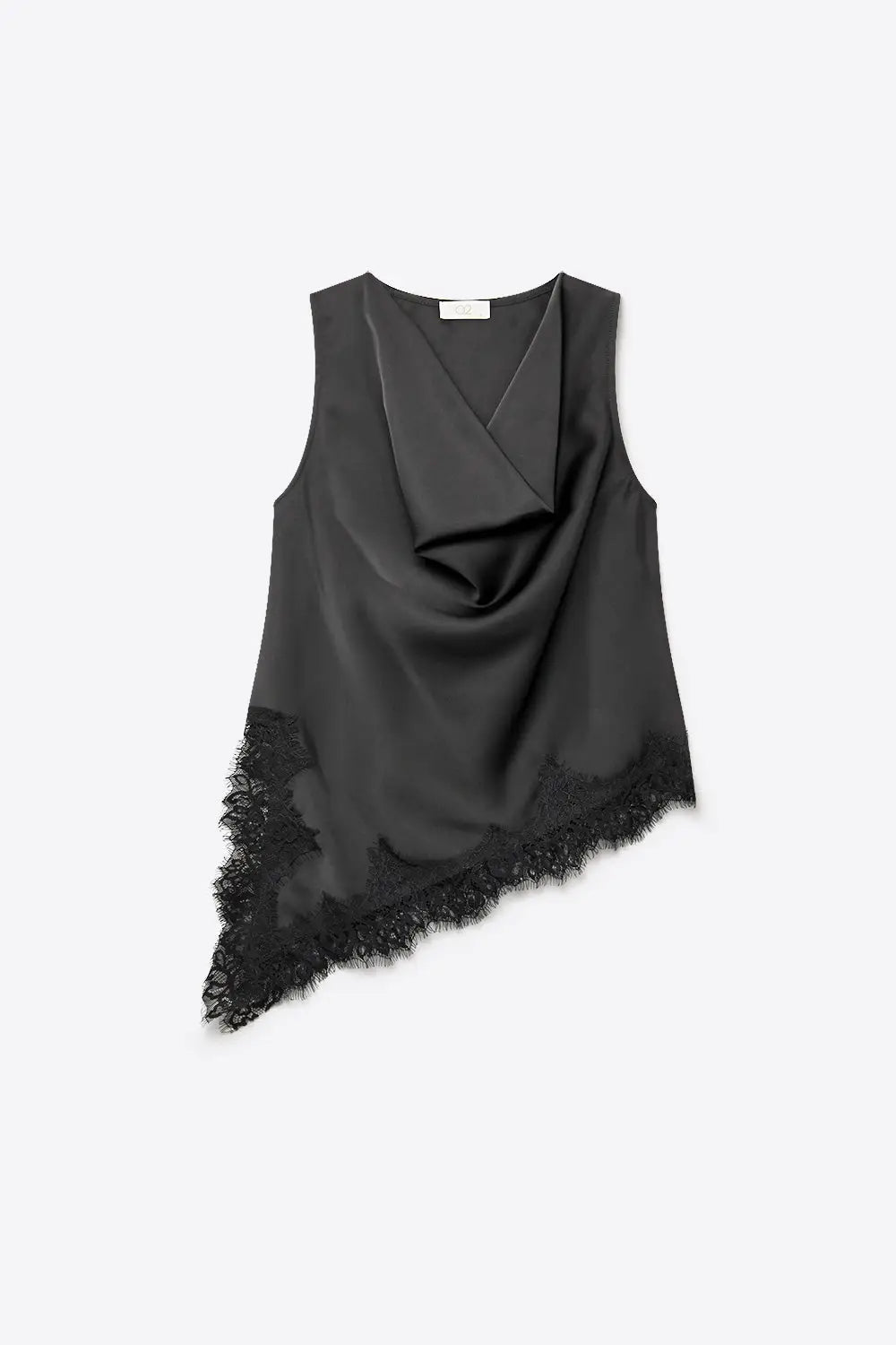 Black Satin Lace Trim Asymmetric Hem Sleeveless Top - Tops