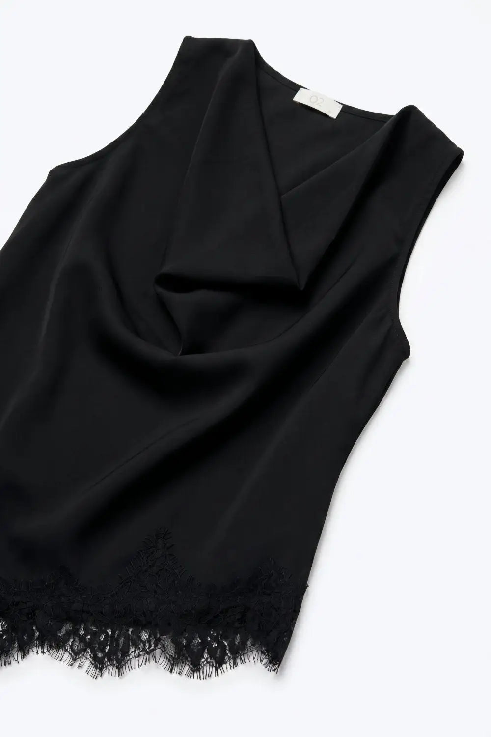 Black Satin Lace Trim Asymmetric Hem Sleeveless Top - Tops