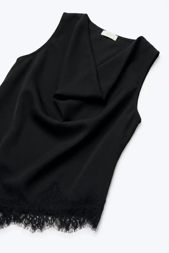 Black Satin Lace Trim Asymmetric Hem Sleeveless Top - Tops