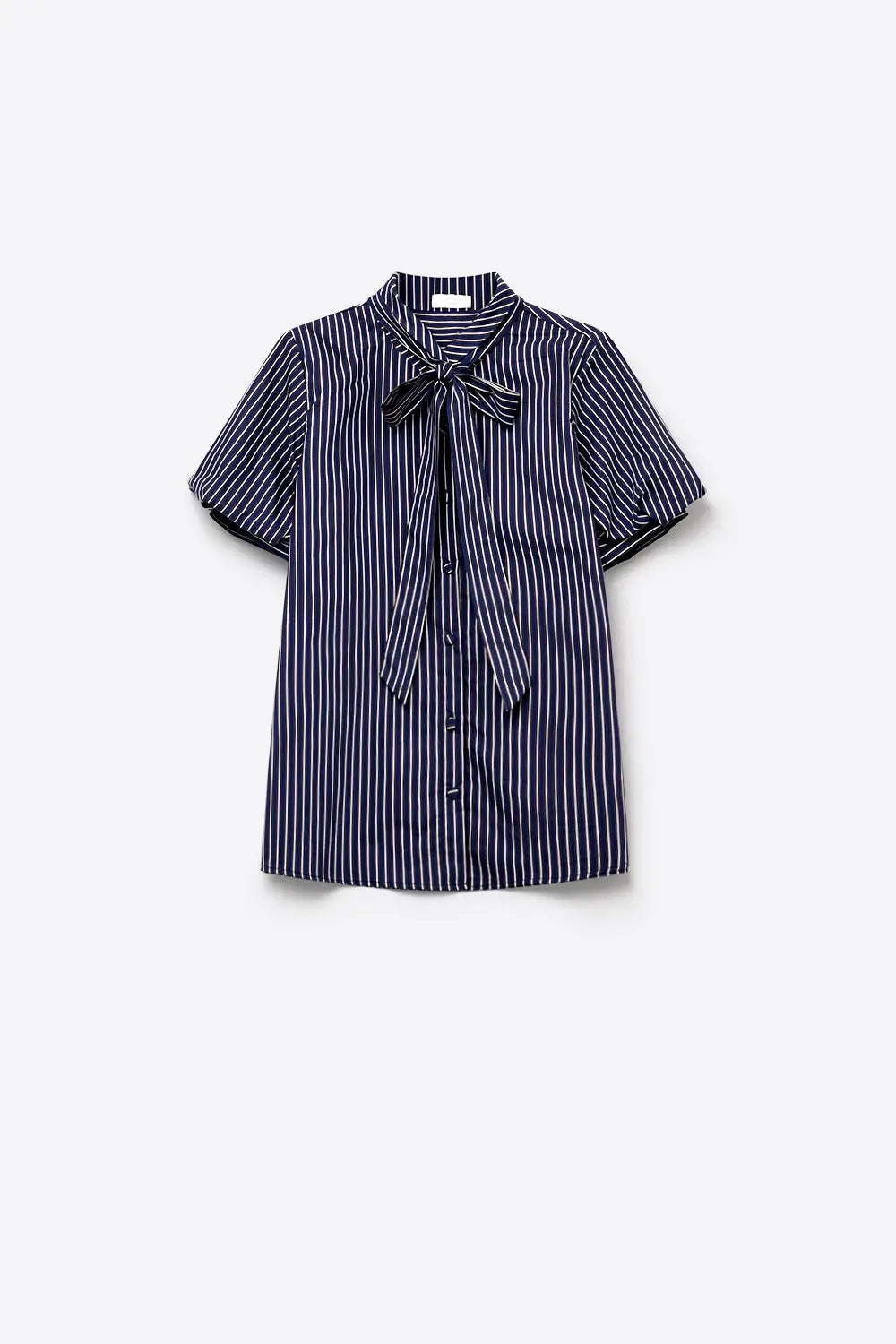 Navy Stripe Bow Tie Shirt with Short Sleeve in poplin - Shirts