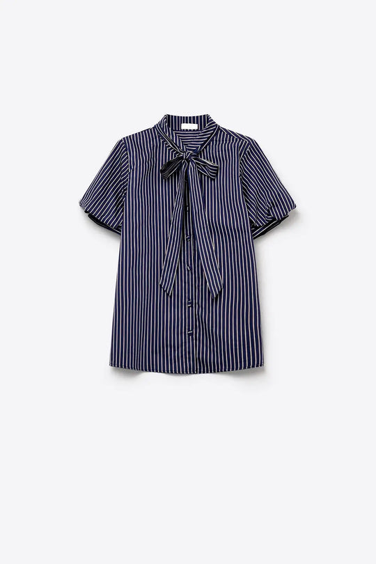 Navy Stripe Bow Tie Shirt with Short Sleeve in poplin - Shirts