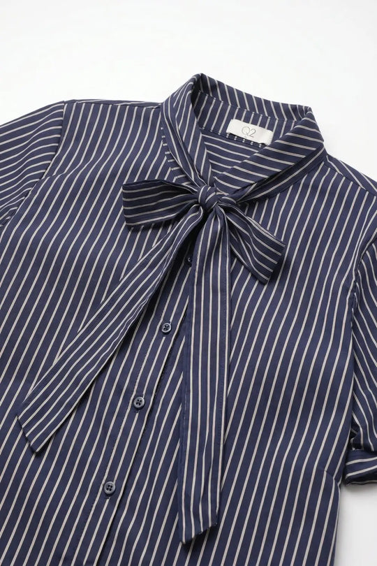Navy Stripe Bow Tie Shirt with Short Sleeve in poplin - Shirts