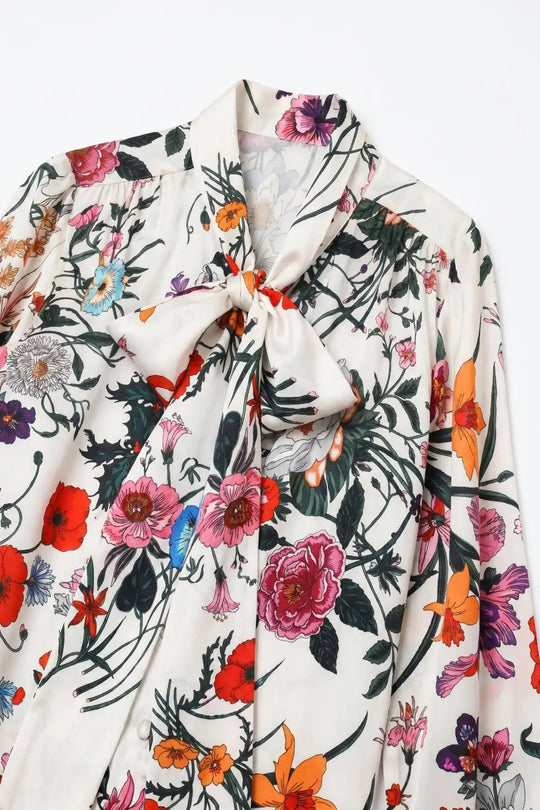 White Floral Print Satin Tie Neck Long Sleeve Blouse Top - Shirts