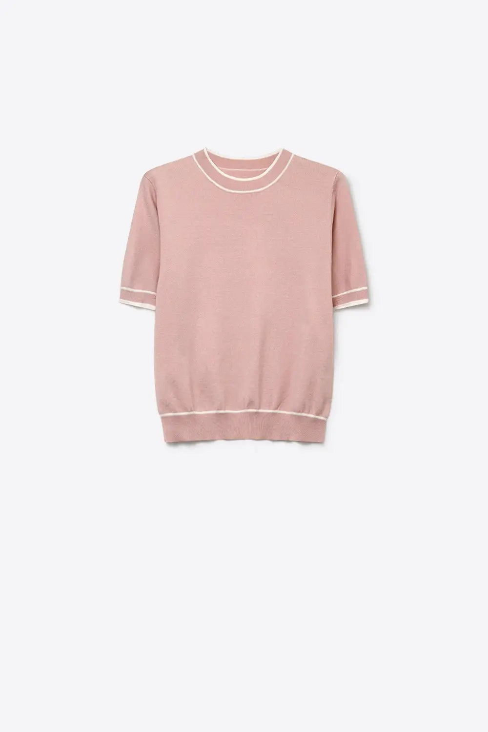 Light Pink Fine Knit Contrast Trim Crew Neck Short Sleeve sweater