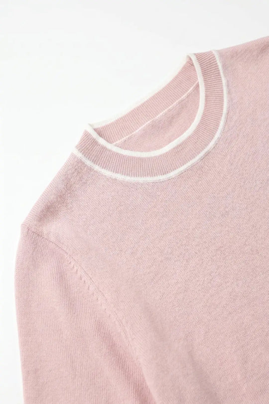 Light Pink Fine Knit Contrast Trim Crew Neck Short Sleeve sweater