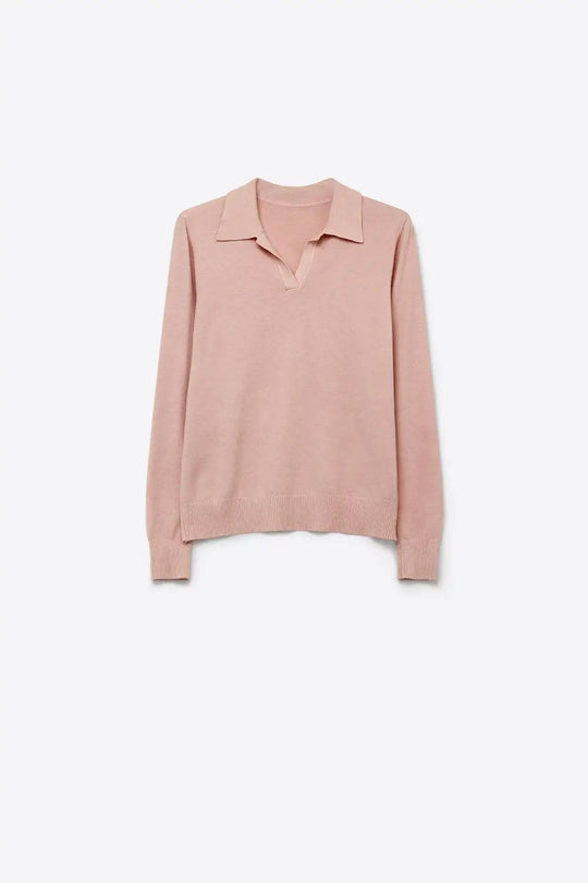 Knitted polo collar with V-neckline no button placket in old pink - PINK / ONE - Polos