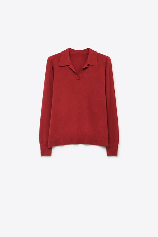 Burgundy Fine Knit Polo Collar Long Sleeve Regular Fit Sweater - MAROON / ONE - Polos