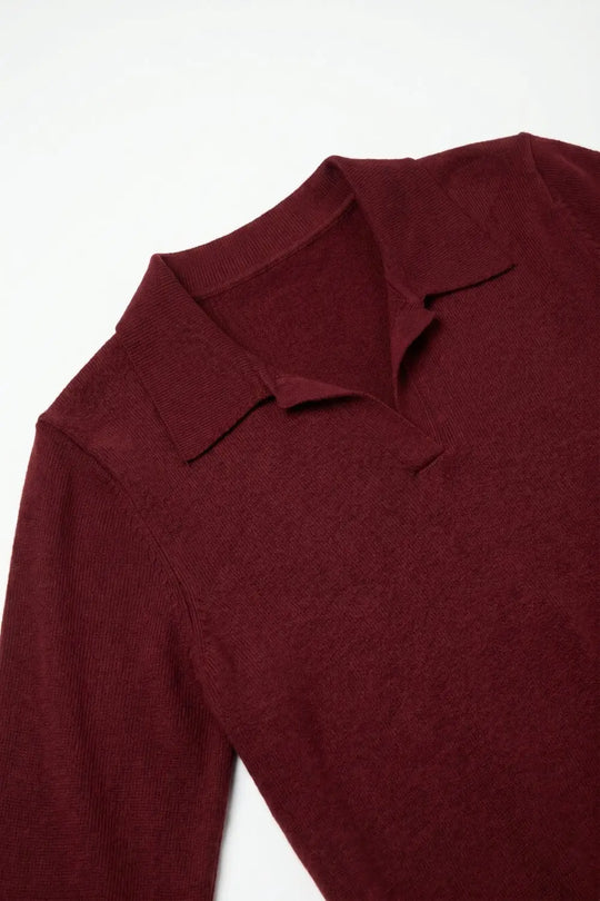 Burgundy Fine Knit Polo Collar Long Sleeve Regular Fit Sweater - MAROON / ONE - Polos