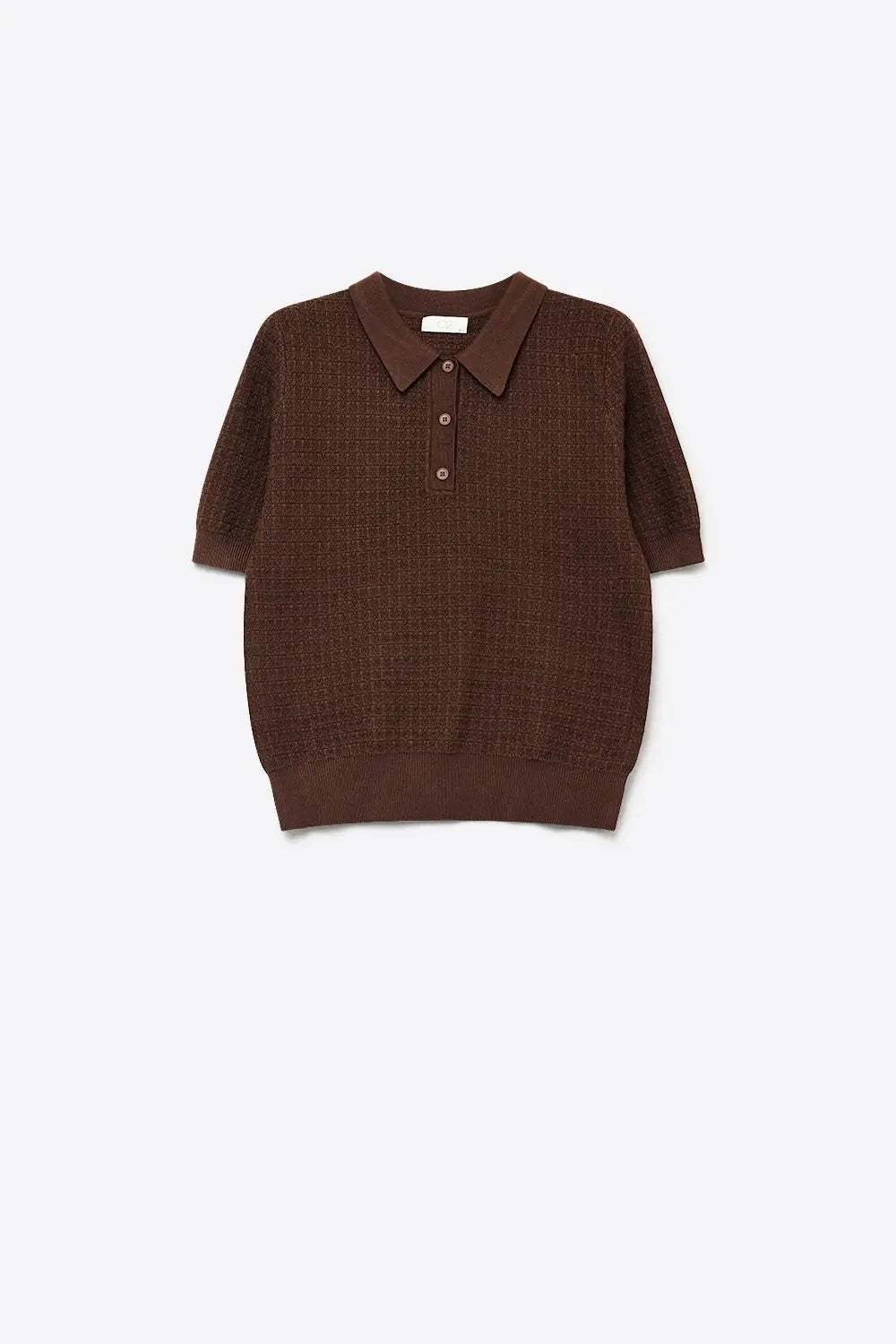 Textured Knit Polo Sweater with Short Sleeves in Brown - Sweaters