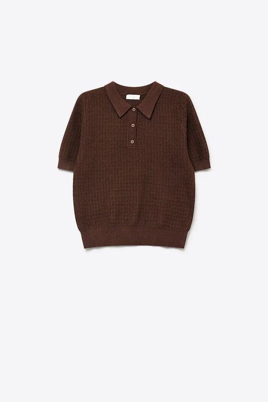 Textured Knit Polo Sweater with Short Sleeves in Brown - Sweaters