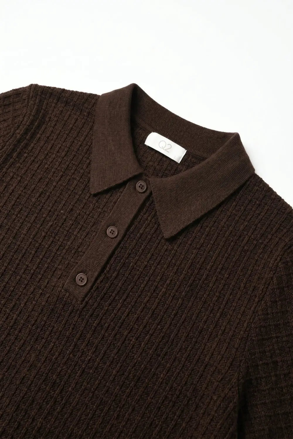 Textured Knit Polo Sweater with Short Sleeves in Brown - Sweaters