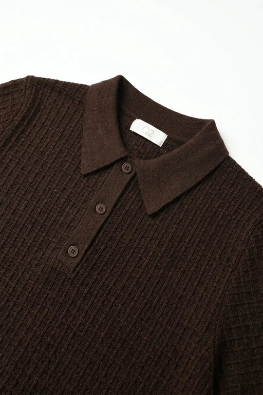 Textured Knit Polo Sweater with Short Sleeves in Brown - Sweaters