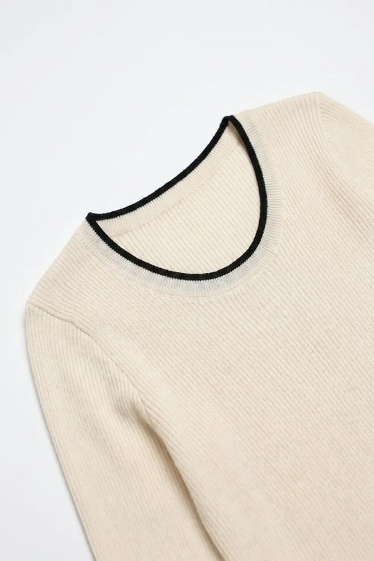 Cream Ribbed Knit Black Contrast Trim sweater in wide neck - CREAM / ONE - Sweaters