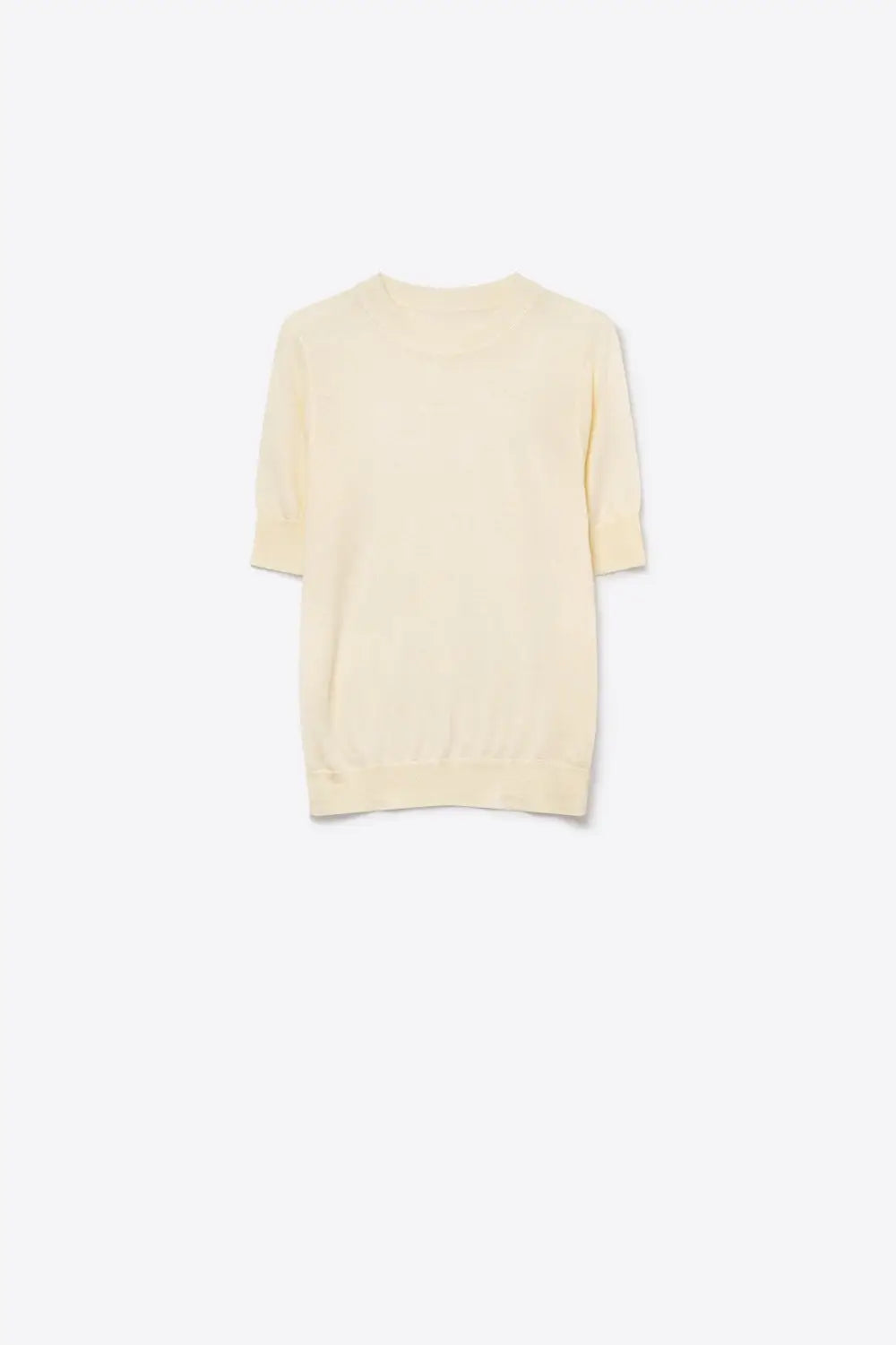 Cream Merino Wool Blend Fine Knit Ribbed Crew Neck Short Sleeve Sweater