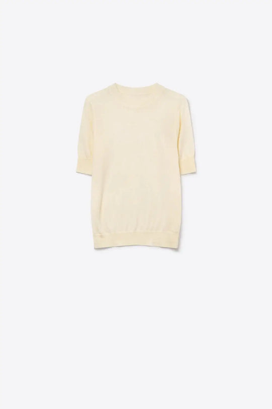 Cream Merino Wool Blend Fine Knit Ribbed Crew Neck Short Sleeve Sweater