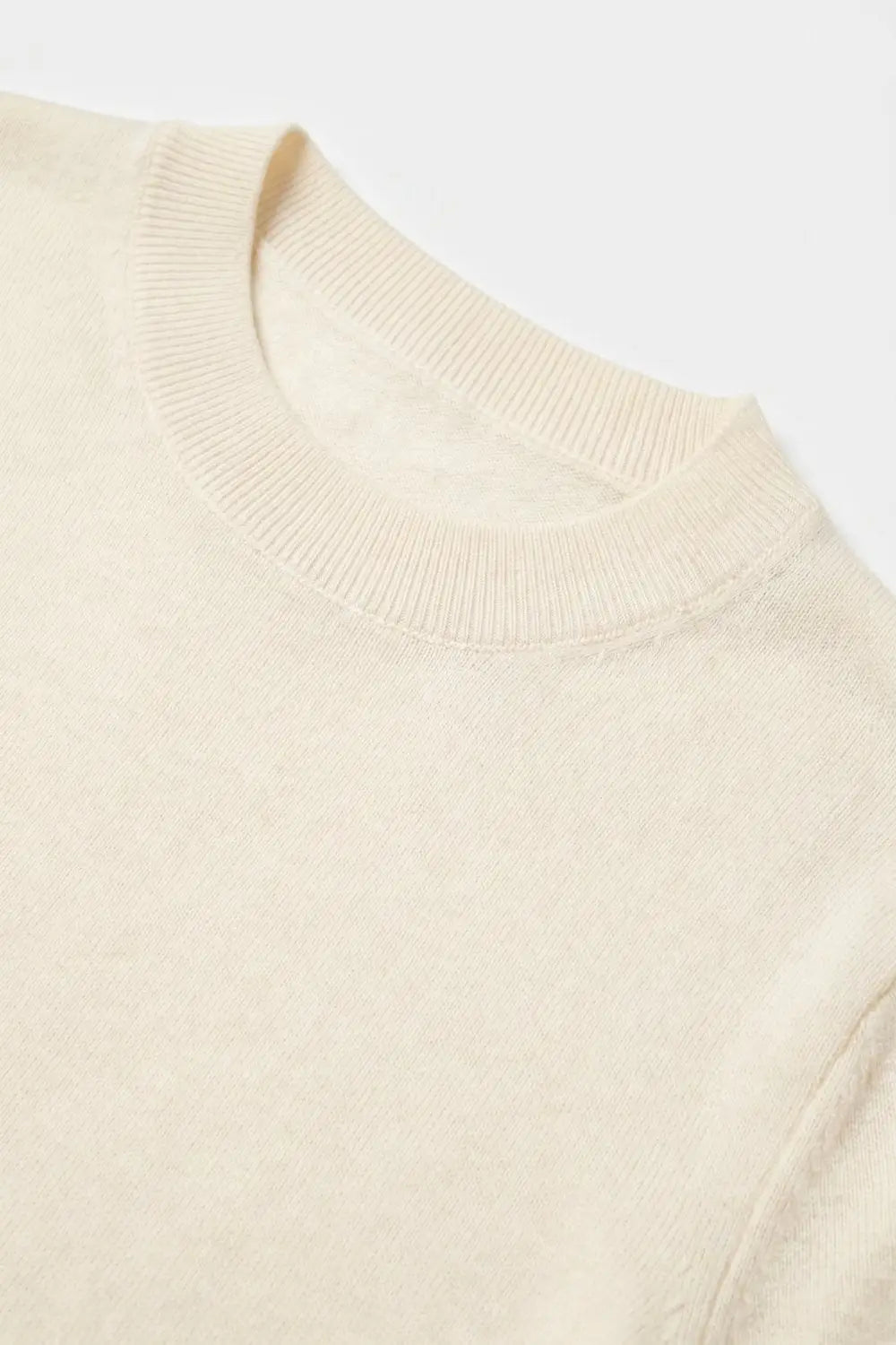 Cream Merino Wool Blend Fine Knit Ribbed Crew Neck Short Sleeve Sweater