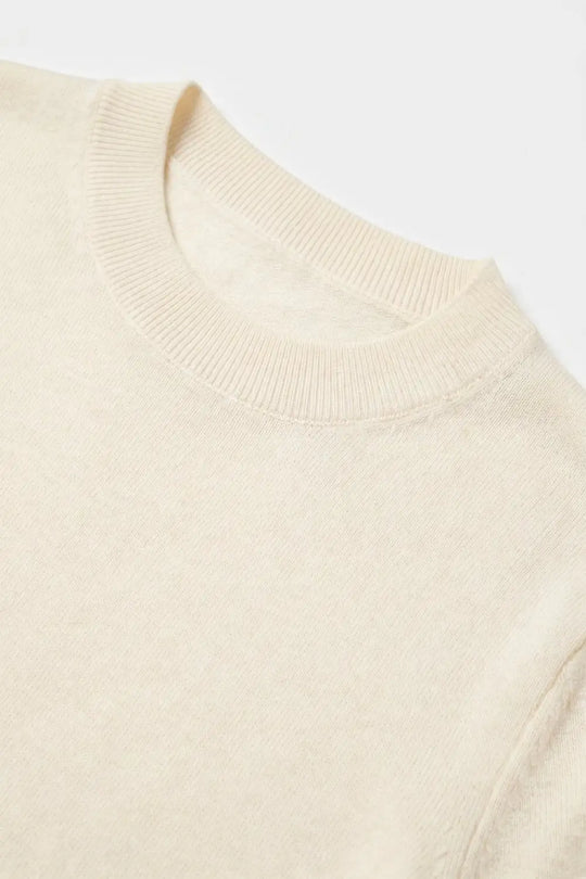 Cream Merino Wool Blend Fine Knit Ribbed Crew Neck Short Sleeve Sweater