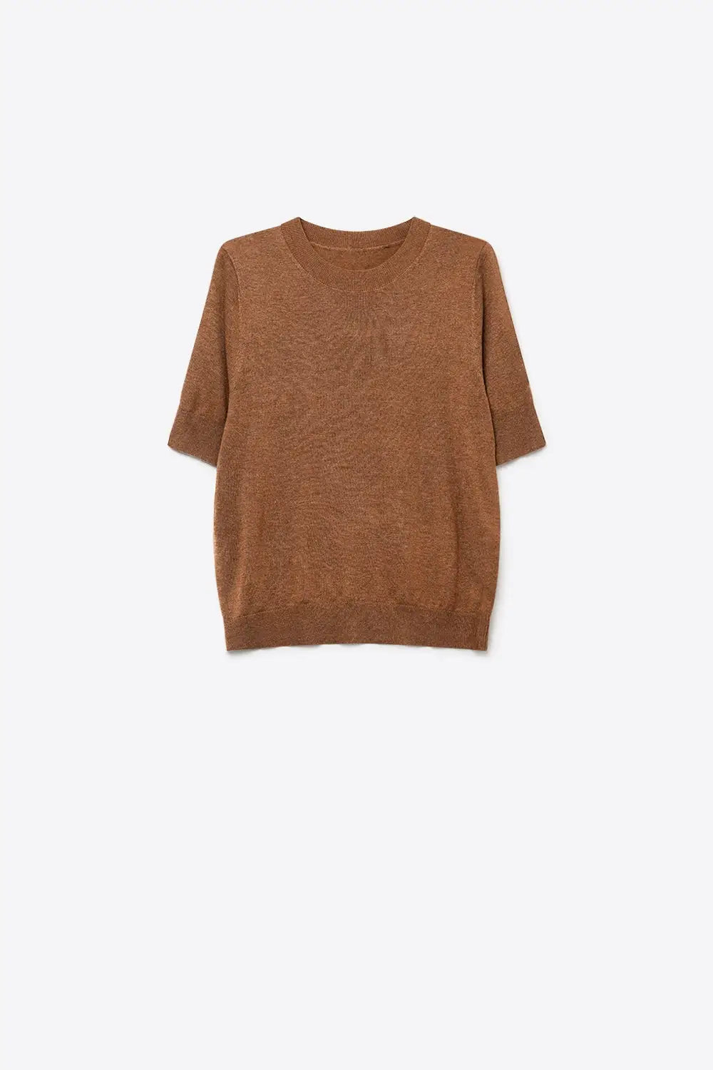 Camel Merino Wool Blend Fine Knit Crew Neck Short Sleeve Sweater