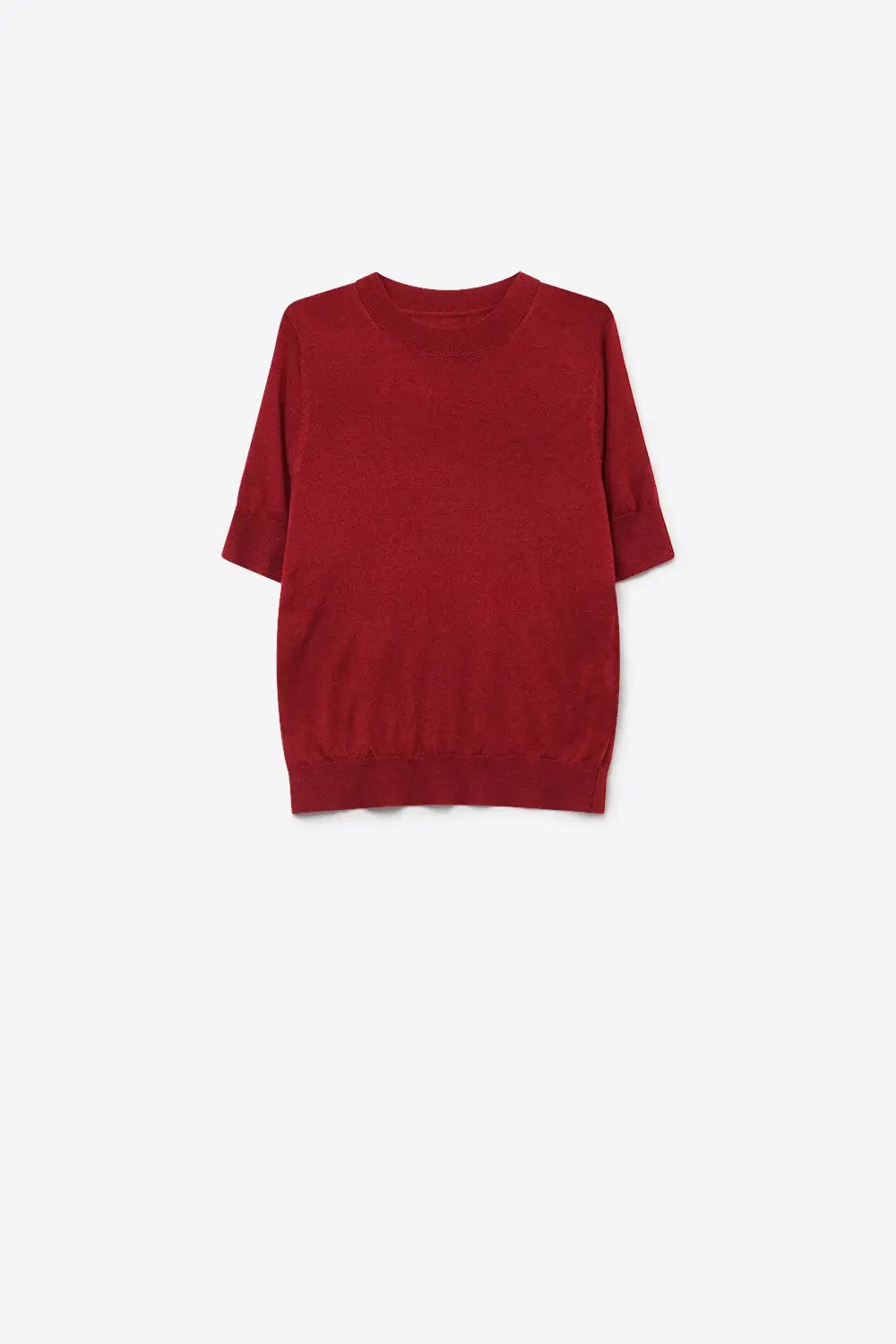 Wine Merino Wool Blend Fine Knit Ribbed Crew Neck Short Sleeves Sweater