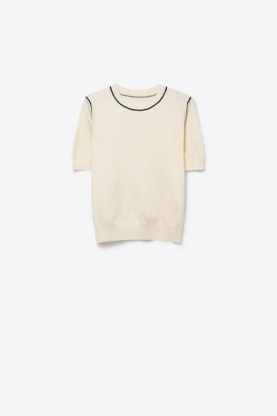 Cream Fine Knit Contrast Seam Regular Fit Short Sleeve sweater - CREAM / ONE - Sweaters
