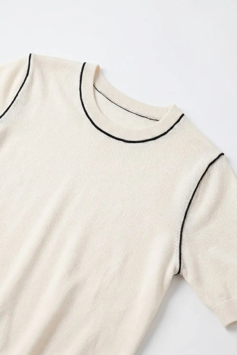 Cream Fine Knit Contrast Seam Regular Fit Short Sleeve sweater - CREAM / ONE - Sweaters