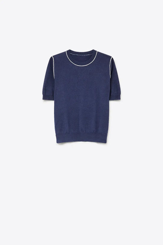 Navy Fine Knit Contrast Piping Short Sleeve Crew Neck sweater - NAVY / ONE - Sweaters