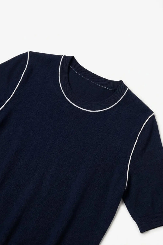 Navy Fine Knit Contrast Piping Short Sleeve Crew Neck sweater - NAVY / ONE - Sweaters