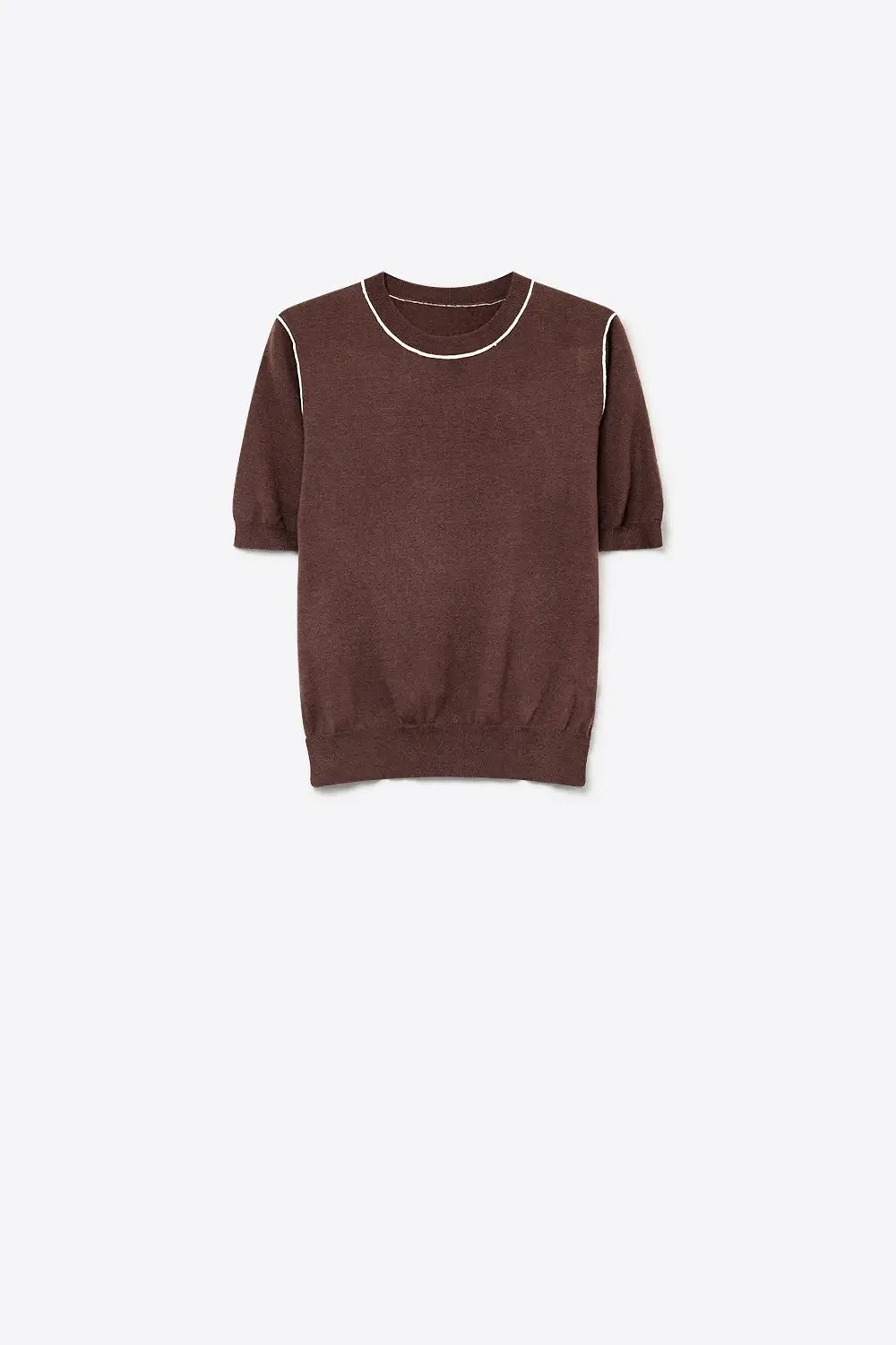 Brown Fine Knit Contrast Stitch Short Sleeve Crew Neck sweater - BROWN / ONE - Sweaters