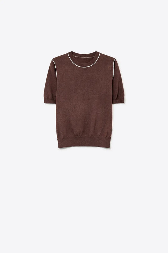 Brown Fine Knit Contrast Stitch Short Sleeve Crew Neck sweater - BROWN / ONE - Sweaters
