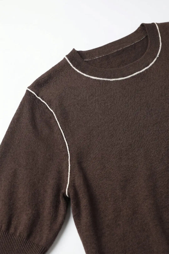 Brown Fine Knit Contrast Stitch Short Sleeve Crew Neck sweater - BROWN / ONE - Sweaters