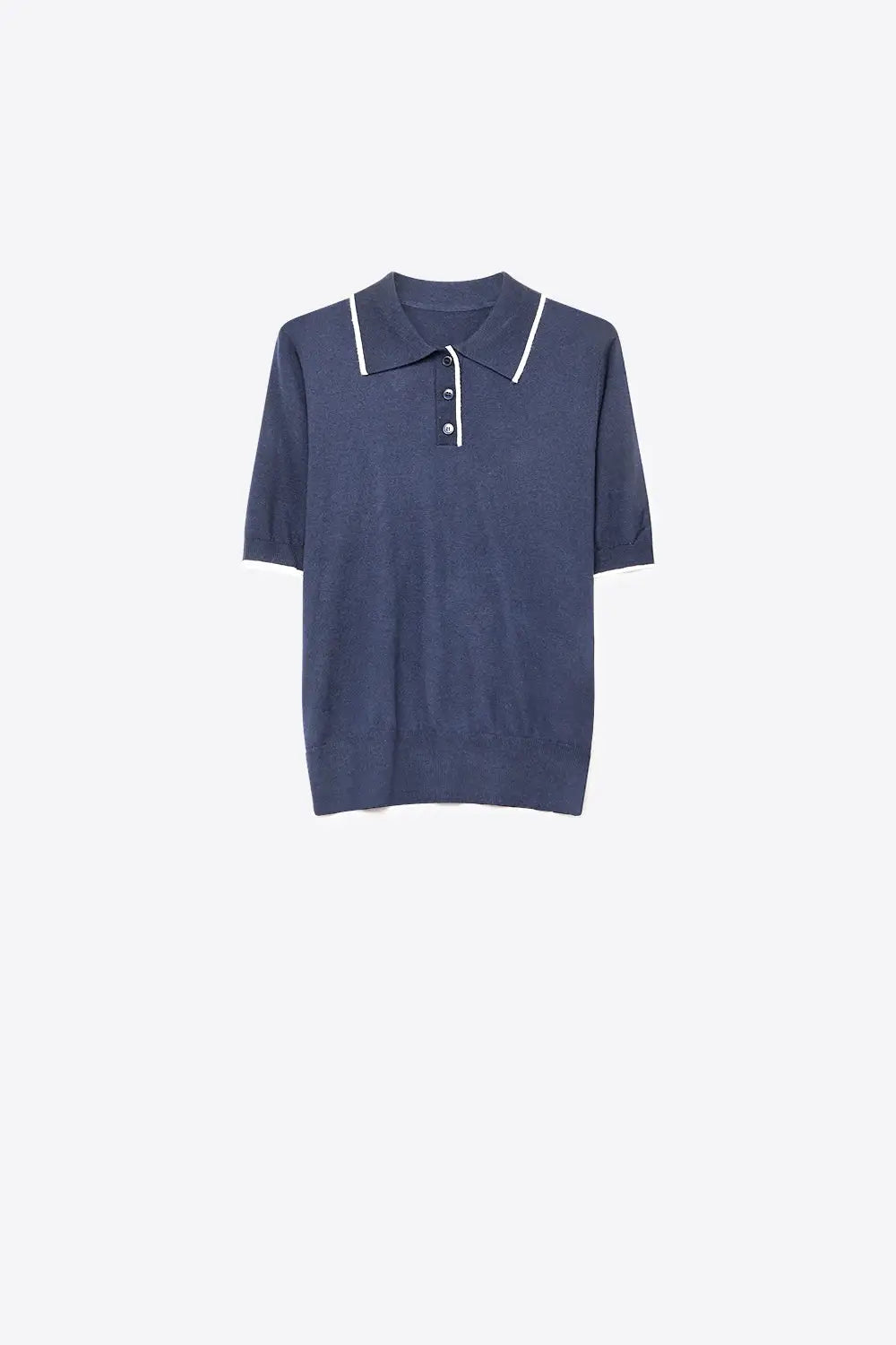 Navy Fine Knit Contrast Collar sweater with Polo neckline with Button