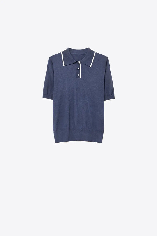Navy Fine Knit Contrast Collar sweater with Polo neckline with Button