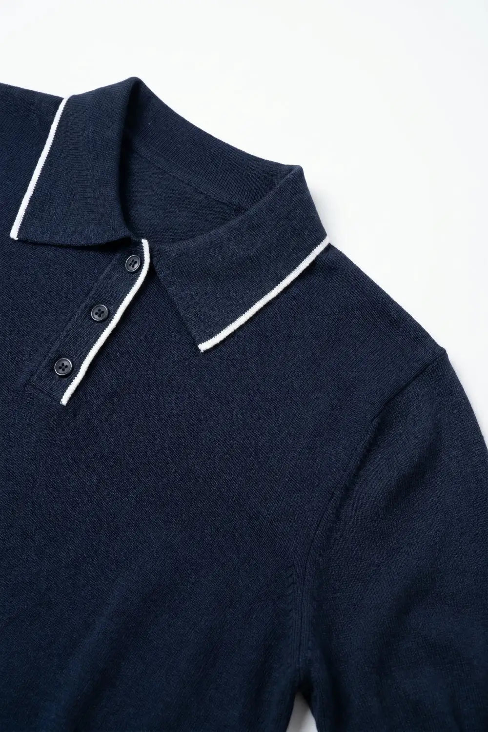 Navy Fine Knit Contrast Collar sweater with Polo neckline with Button