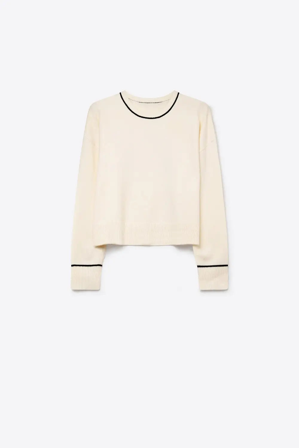 Cream chunky Knit Contrast Trim Cropped Crew Neck Sweater