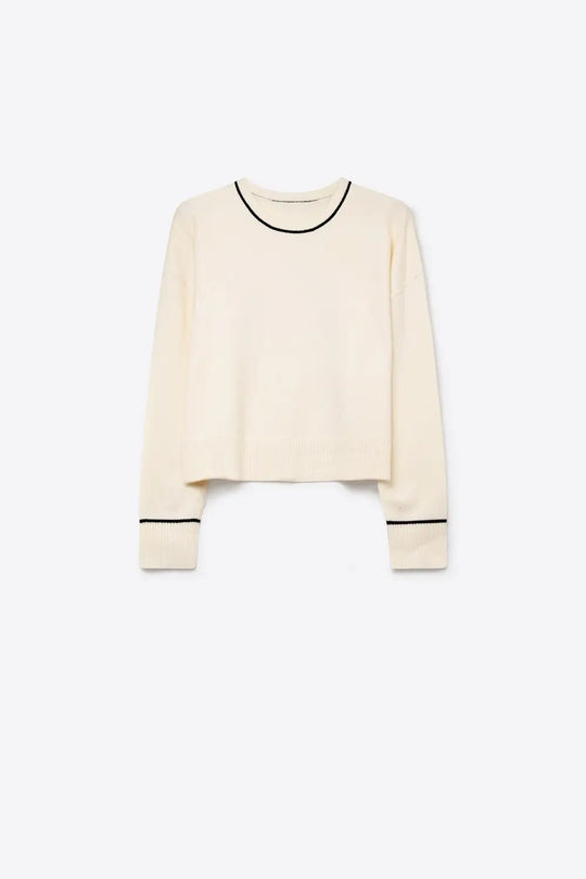 Cream chunky Knit Contrast Trim Cropped Crew Neck Sweater