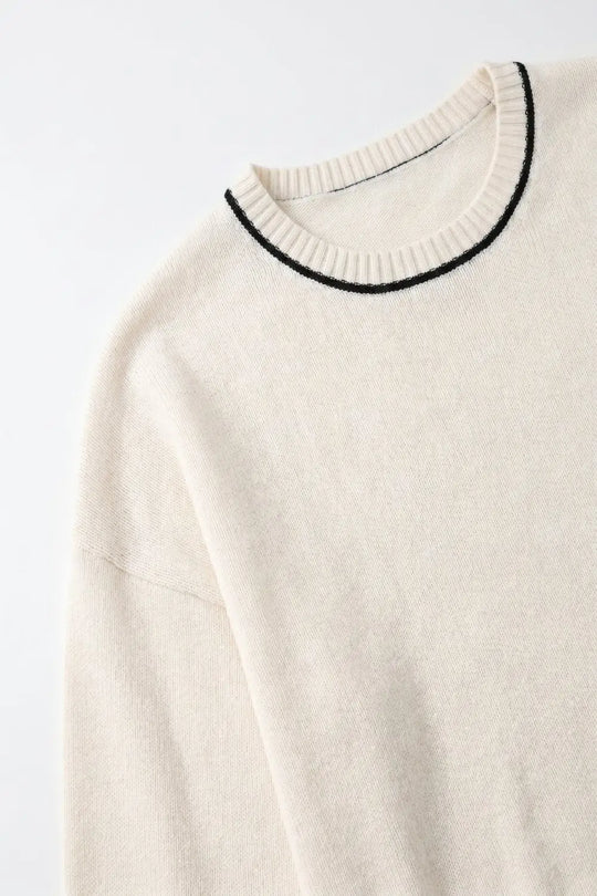 Cream chunky Knit Contrast Trim Cropped Crew Neck Sweater
