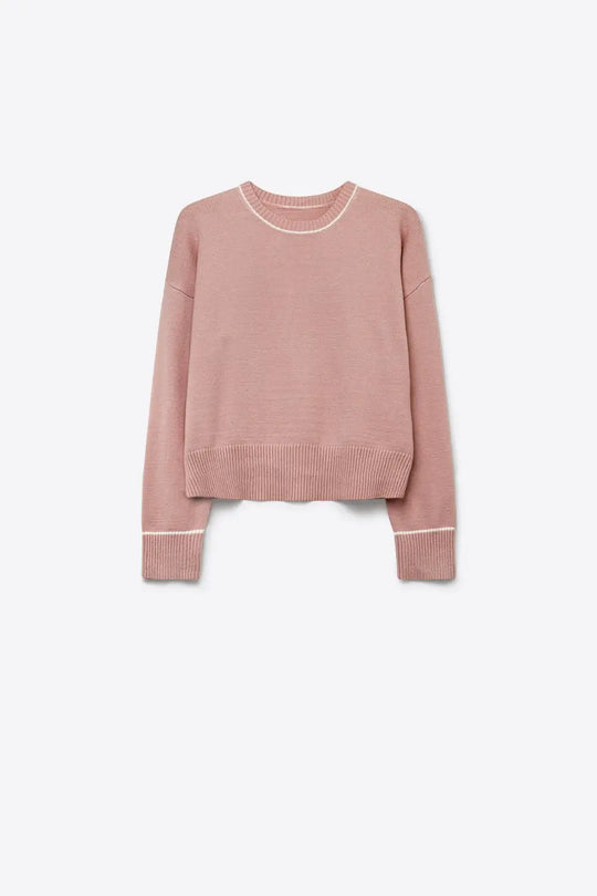 Pink chunky Knit White Trim Cropped Regular Fit Sweater