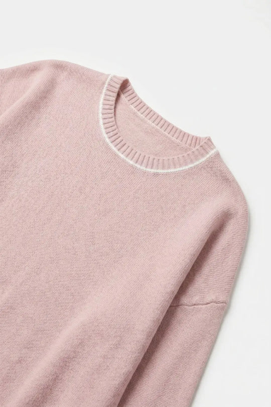 Pink chunky Knit White Trim Cropped Regular Fit Sweater