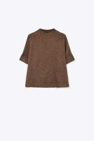 Brown chunky Ribbed Knit High Collar Sweater with elbow-length sleeve