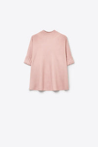 Pink chunky Knit Ribbed High Collar Relaxed Fit Sweater with elbow-length sleeve